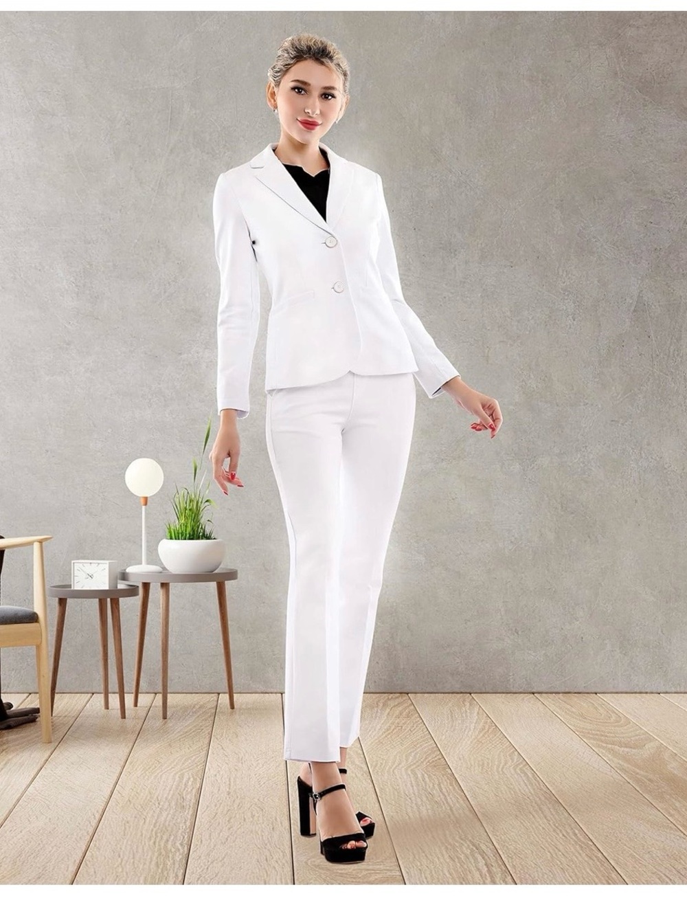 Marycrafts White 2 Piece Stretch Ponte Pant Suit Set Blazer Pants Work Career